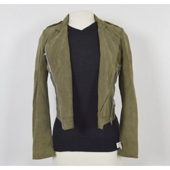 Whyred Suede Leather Moto Off Center Olive Green Zip Jacket Size 36 - Picture 2 of 11